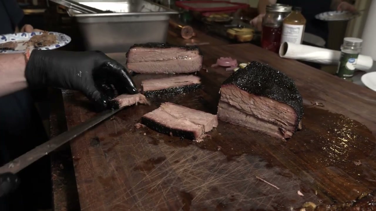 Sliced smoked brisket from Slow Corner BBQ